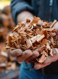 Frische Hackschnitzel in Hand