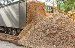 LKW kippt Hackschnitzel bei Anlieferung vor Ort ab
